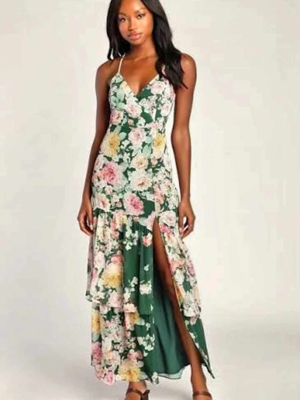 Lulus Effortless Energy Green Floral Print Asymmetrical Maxi Dress Floral V-Neck